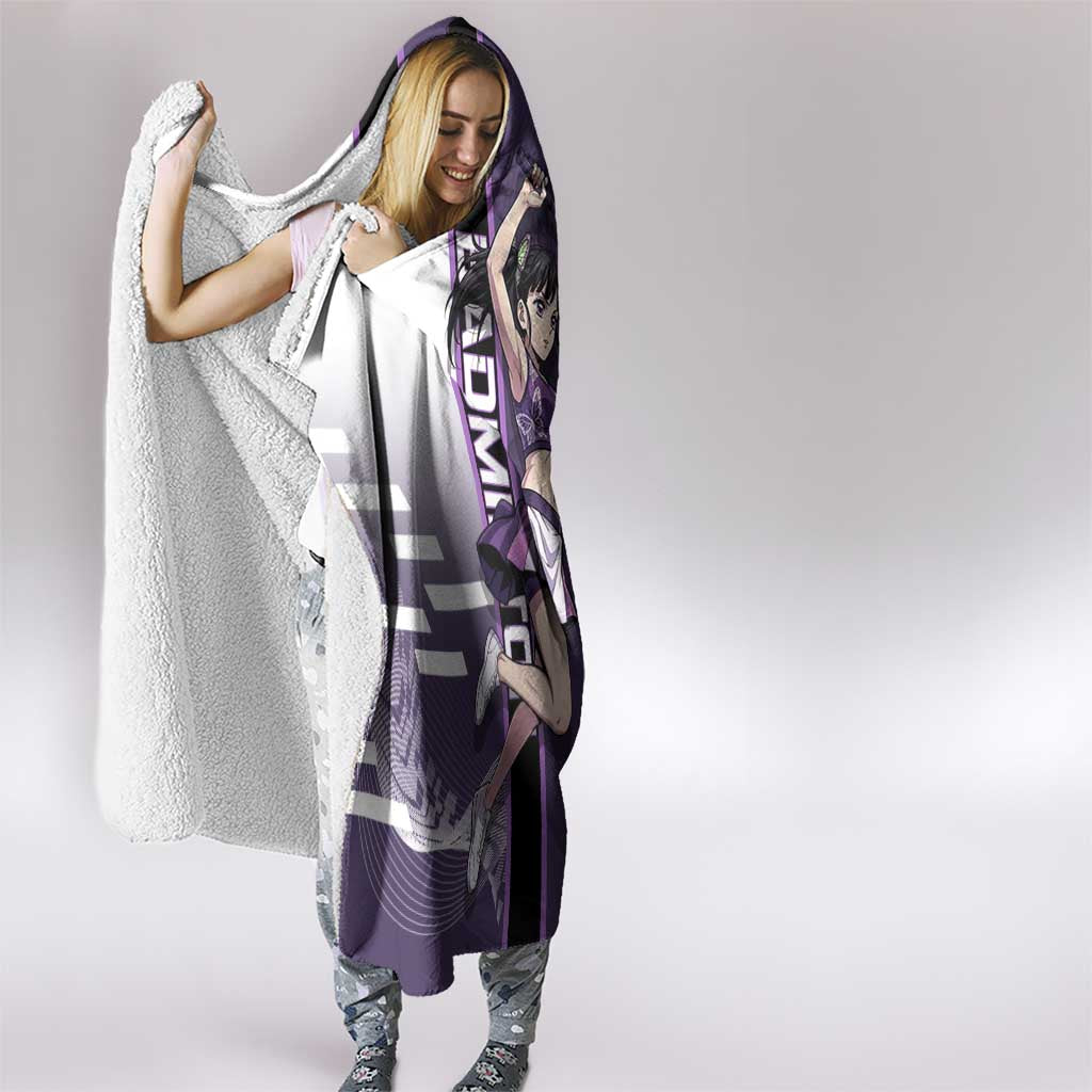 Personalized Shinazugawa Genya Demon Slayer Badminton Hooded Blanket with Racket Action Pose and Purple White Graphic Design - The Mazicc