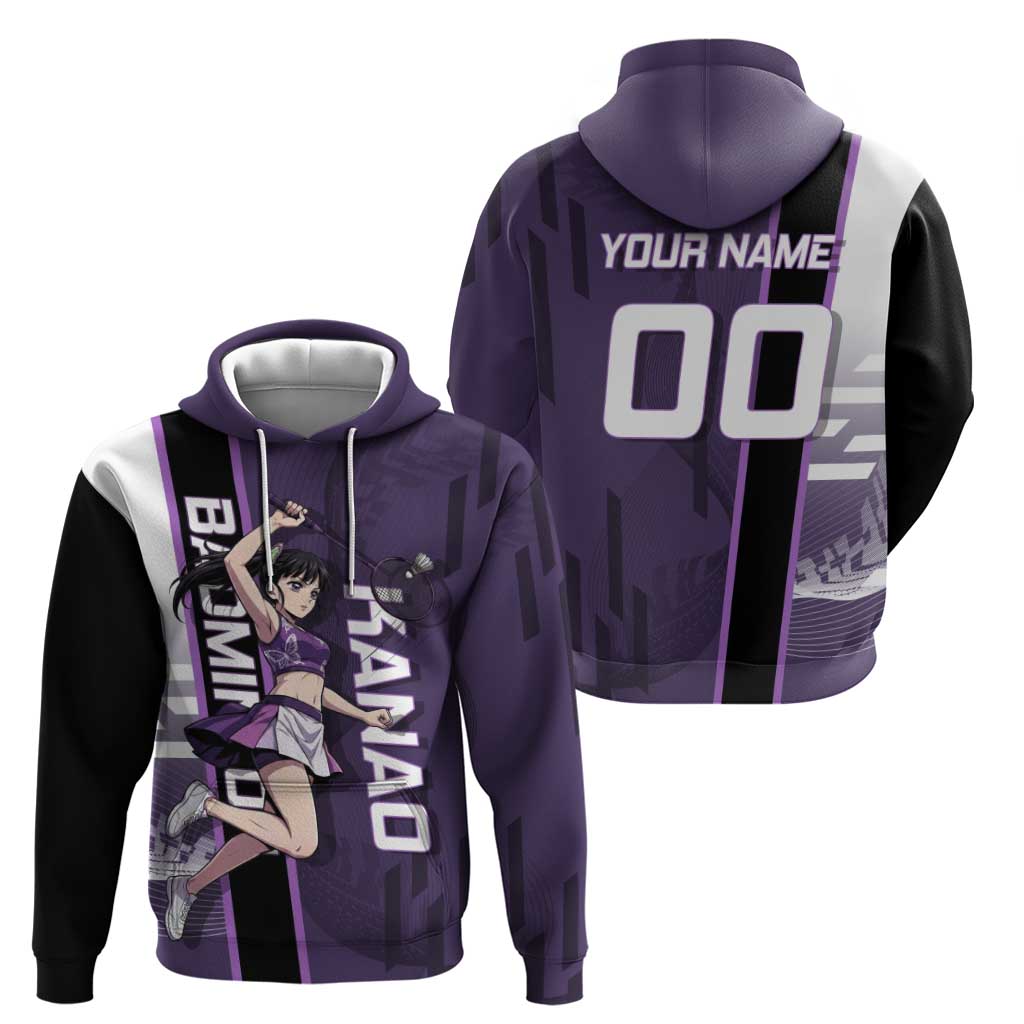 Personalized Shinazugawa Genya Demon Slayer Badminton Hoodie with Racket Action Pose and Purple White Graphic Design - The Mazicc