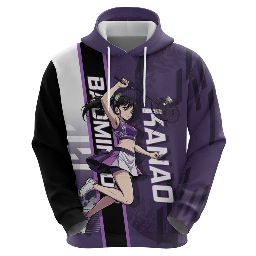 Personalized Shinazugawa Genya Demon Slayer Badminton Hoodie with Racket Action Pose and Purple White Graphic Design - The Mazicc