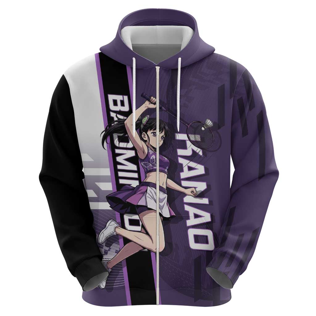 Personalized Shinazugawa Genya Demon Slayer Badminton Hoodie with Racket Action Pose and Purple White Graphic Design - The Mazicc