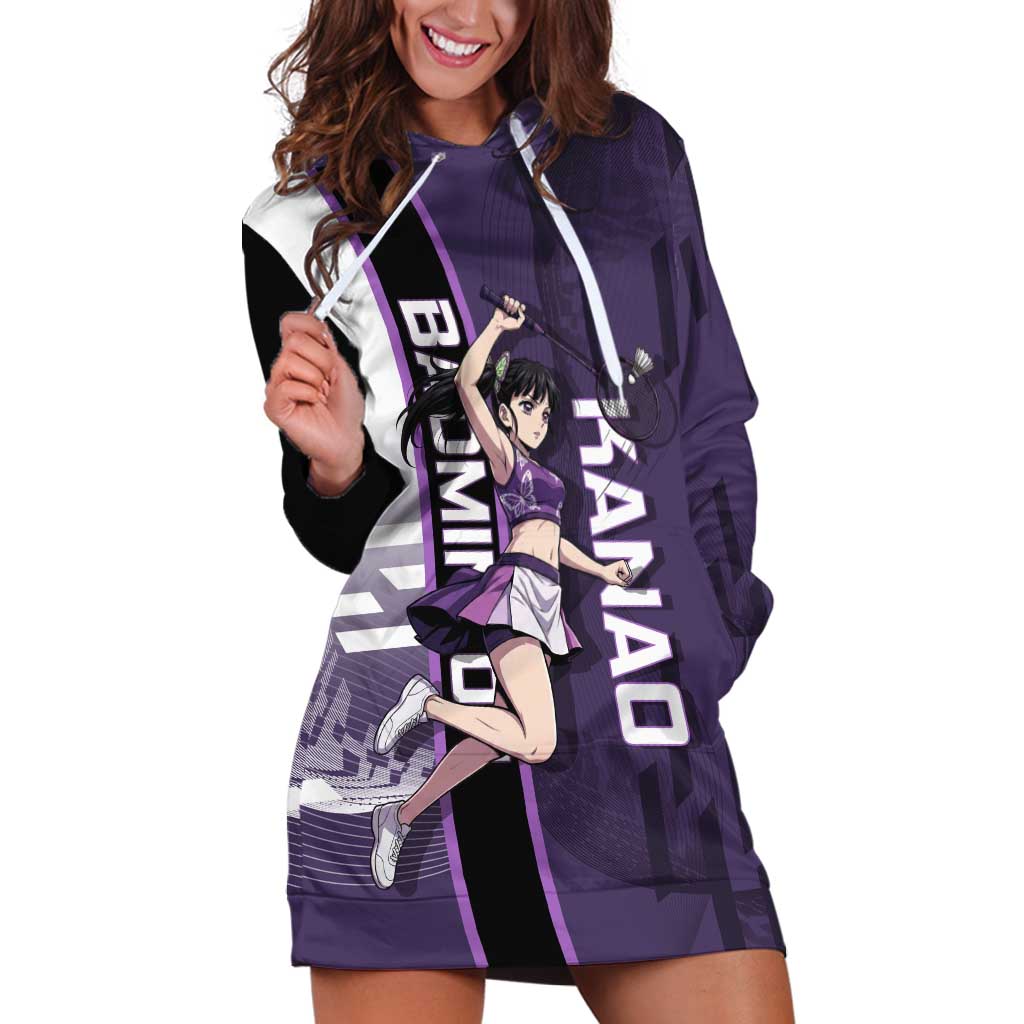 Personalized Shinazugawa Genya Demon Slayer Badminton Hoodie Dress with Racket Action Pose and Purple White Graphic Design - The Mazicc