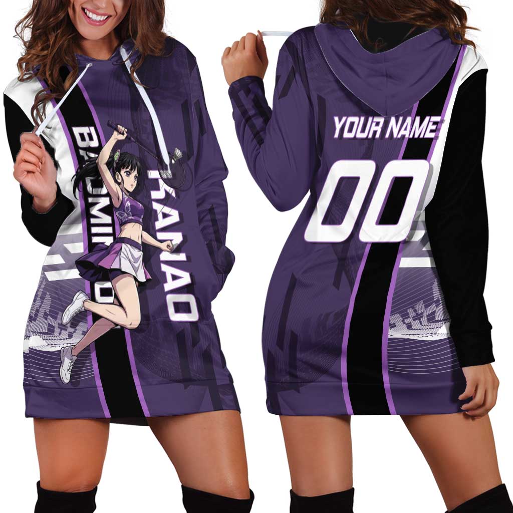 Personalized Shinazugawa Genya Demon Slayer Badminton Hoodie Dress with Racket Action Pose and Purple White Graphic Design - The Mazicc
