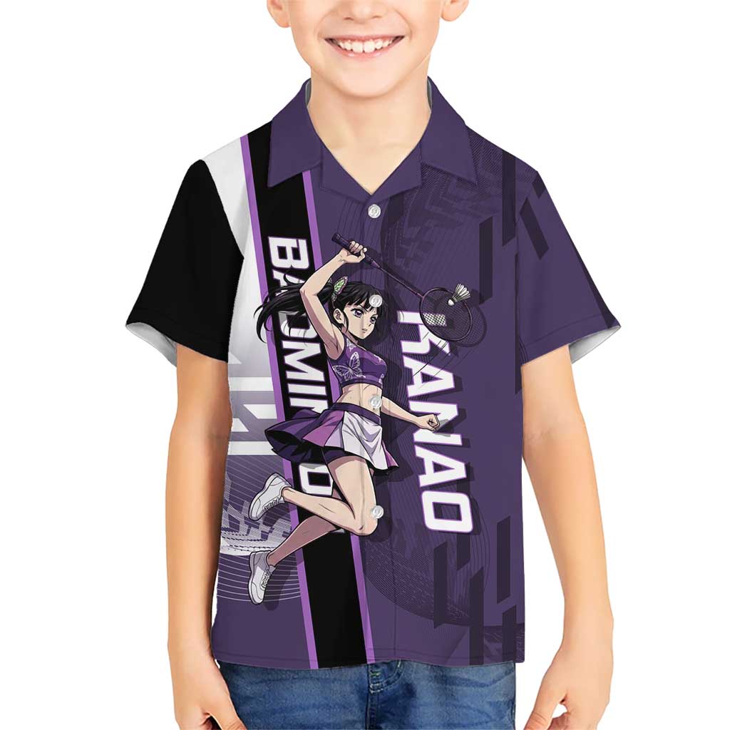 Personalized Shinazugawa Genya Demon Slayer Badminton Kid Hawaiian Shirt with Racket Action Pose and Purple White Graphic Design - The Mazicc