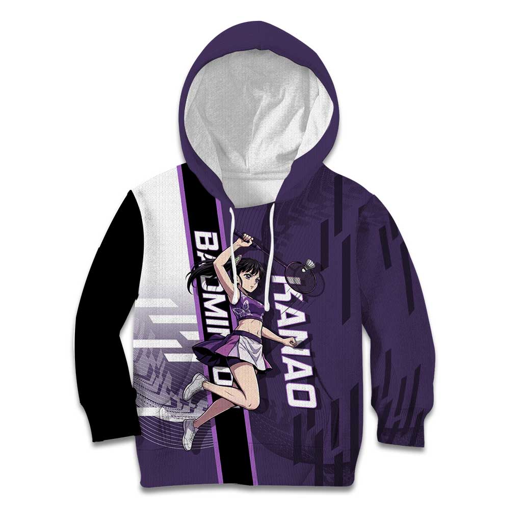 Personalized Shinazugawa Genya Demon Slayer Badminton Kid Hoodie with Racket Action Pose and Purple White Graphic Design - The Mazicc