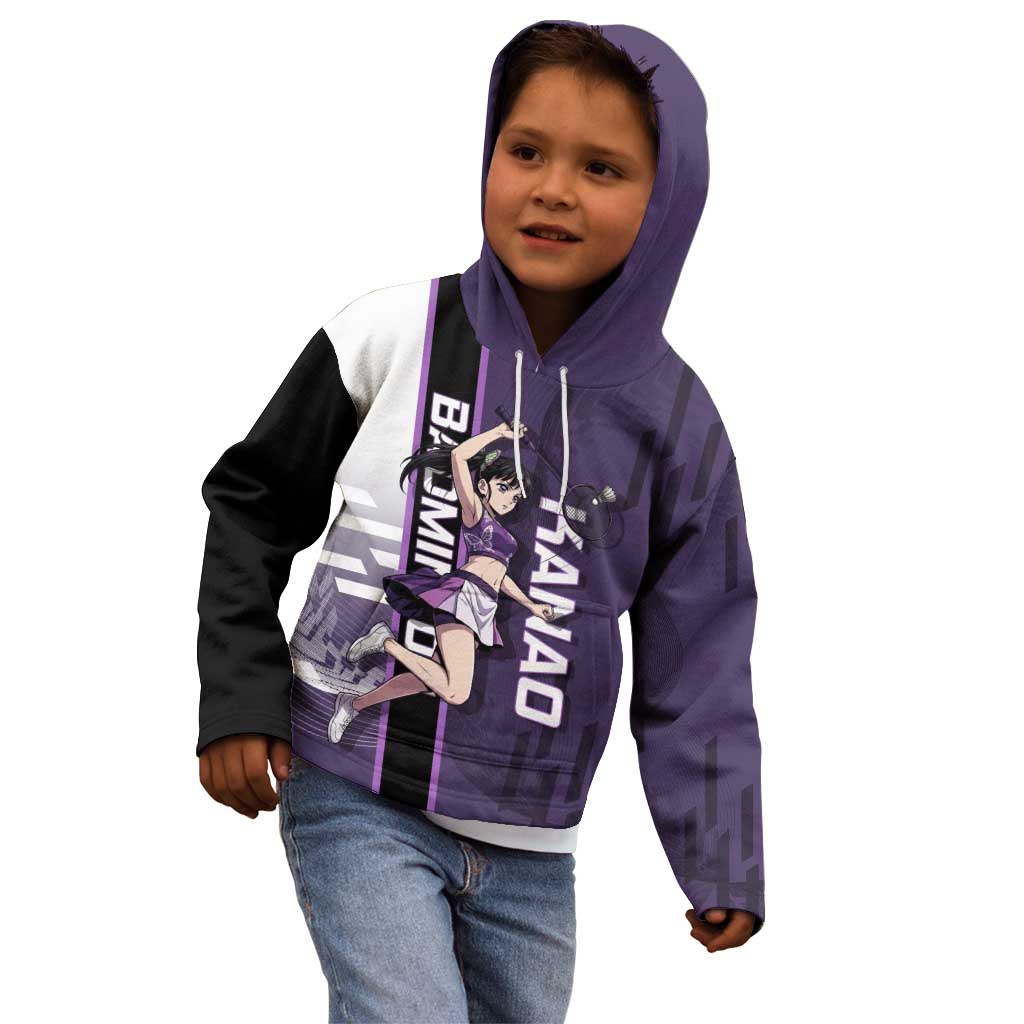 Personalized Shinazugawa Genya Demon Slayer Badminton Kid Hoodie with Racket Action Pose and Purple White Graphic Design - The Mazicc