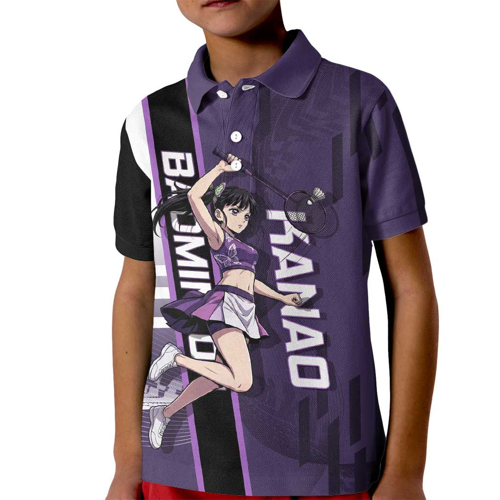 Personalized Shinazugawa Genya Demon Slayer Badminton Kid Polo Shirt with Racket Action Pose and Purple White Graphic Design - The Mazicc