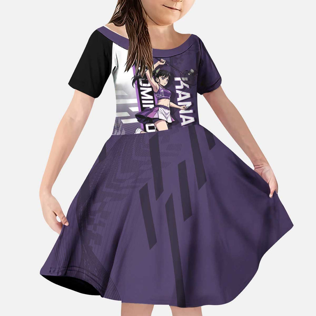 Personalized Shinazugawa Genya Demon Slayer Badminton Kid Short Sleeve Dress with Racket Action Pose and Purple White Graphic Design - The Mazicc