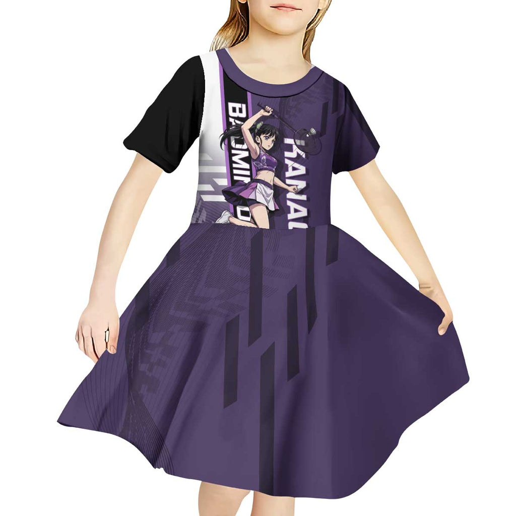 Personalized Shinazugawa Genya Demon Slayer Badminton Kid Short Sleeve Dress with Racket Action Pose and Purple White Graphic Design - The Mazicc
