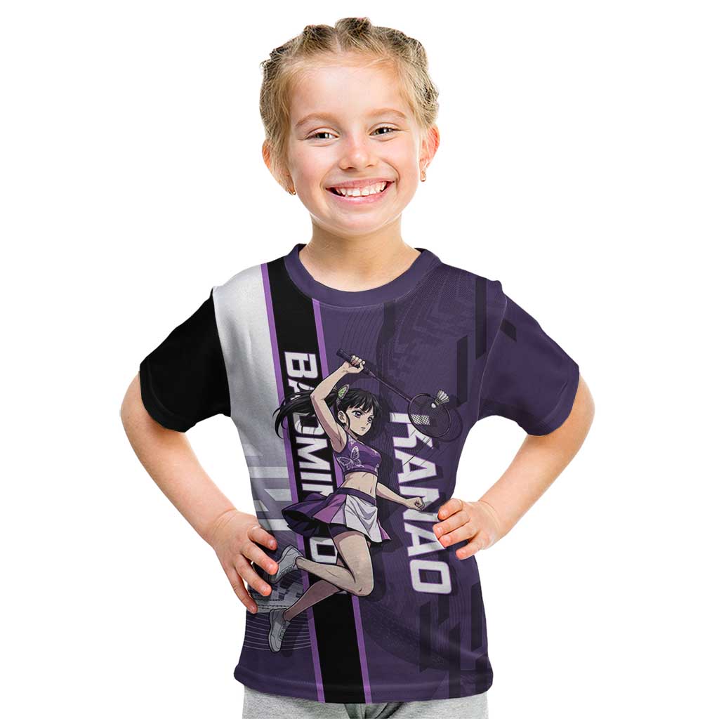 Personalized Shinazugawa Genya Demon Slayer Badminton Kid T Shirt with Racket Action Pose and Purple White Graphic Design - The Mazicc