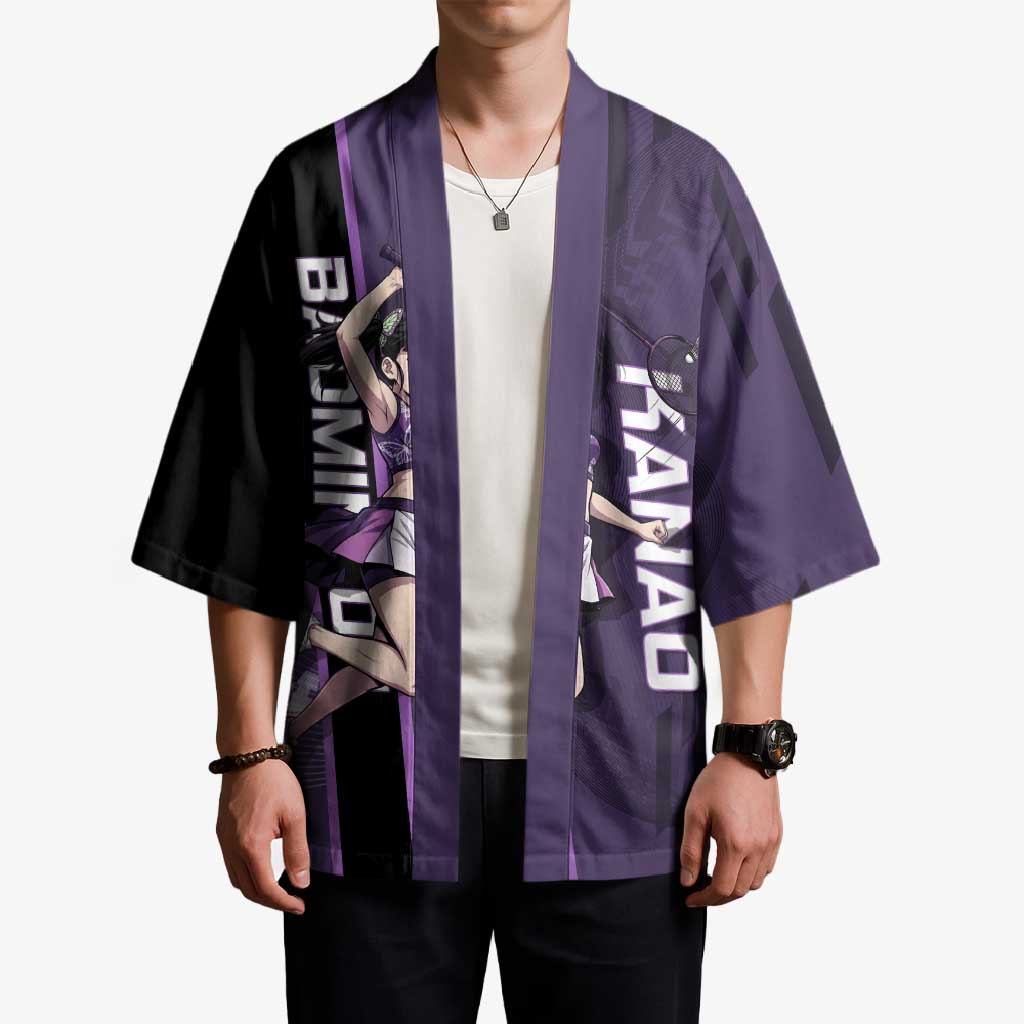 Personalized Shinazugawa Genya Demon Slayer Badminton Kimono with Racket Action Pose and Purple White Graphic Design - The Mazicc