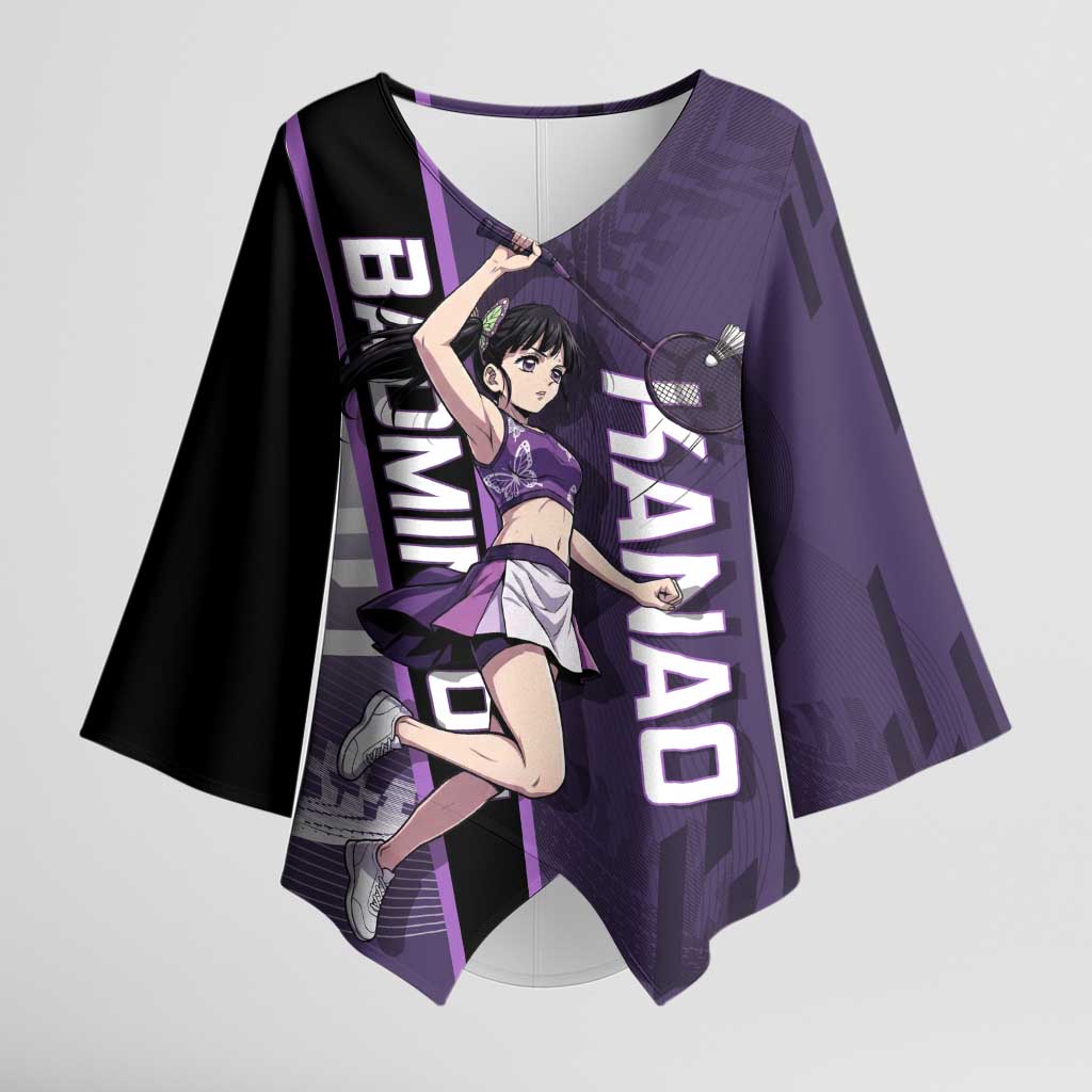 Personalized Shinazugawa Genya Demon Slayer Badminton Kimono Sleeve Blouse with Racket Action Pose and Purple White Graphic Design - The Mazicc