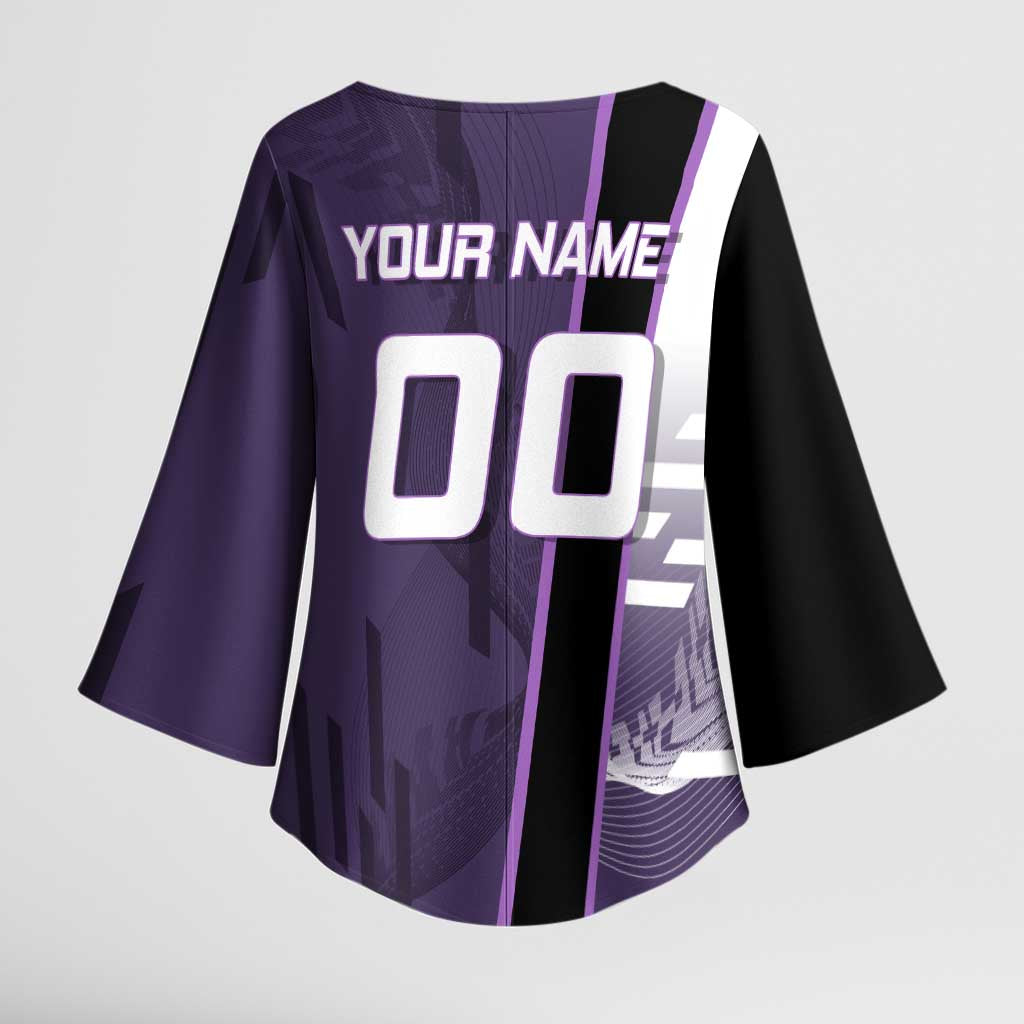 Personalized Shinazugawa Genya Demon Slayer Badminton Kimono Sleeve Blouse with Racket Action Pose and Purple White Graphic Design - The Mazicc