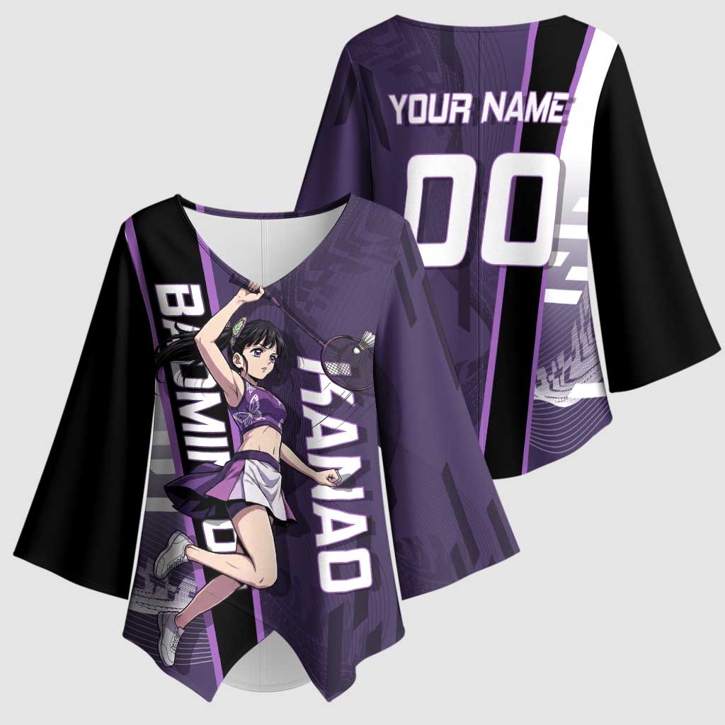 Personalized Shinazugawa Genya Demon Slayer Badminton Kimono Sleeve Blouse with Racket Action Pose and Purple White Graphic Design - The Mazicc