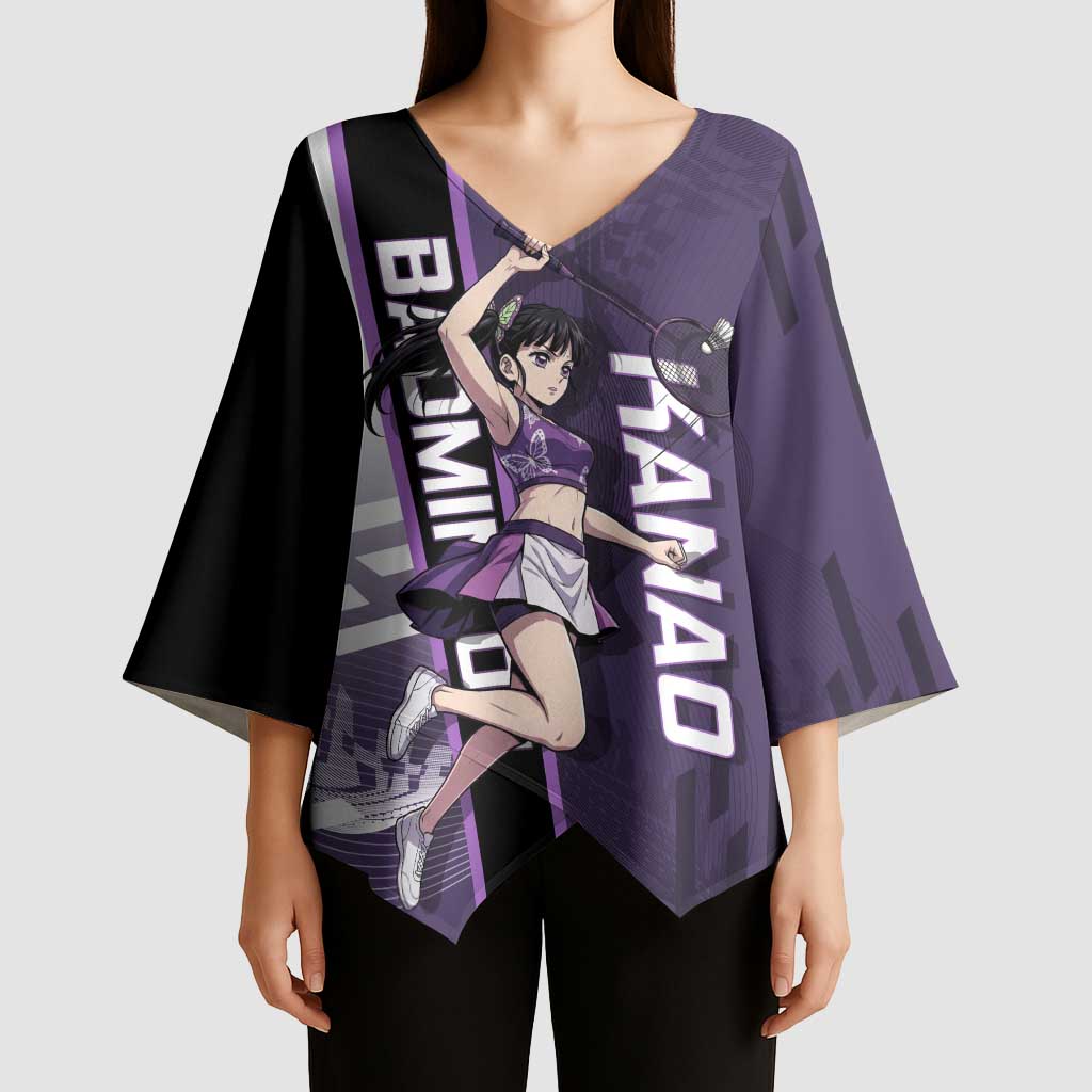 Personalized Shinazugawa Genya Demon Slayer Badminton Kimono Sleeve Blouse with Racket Action Pose and Purple White Graphic Design - The Mazicc