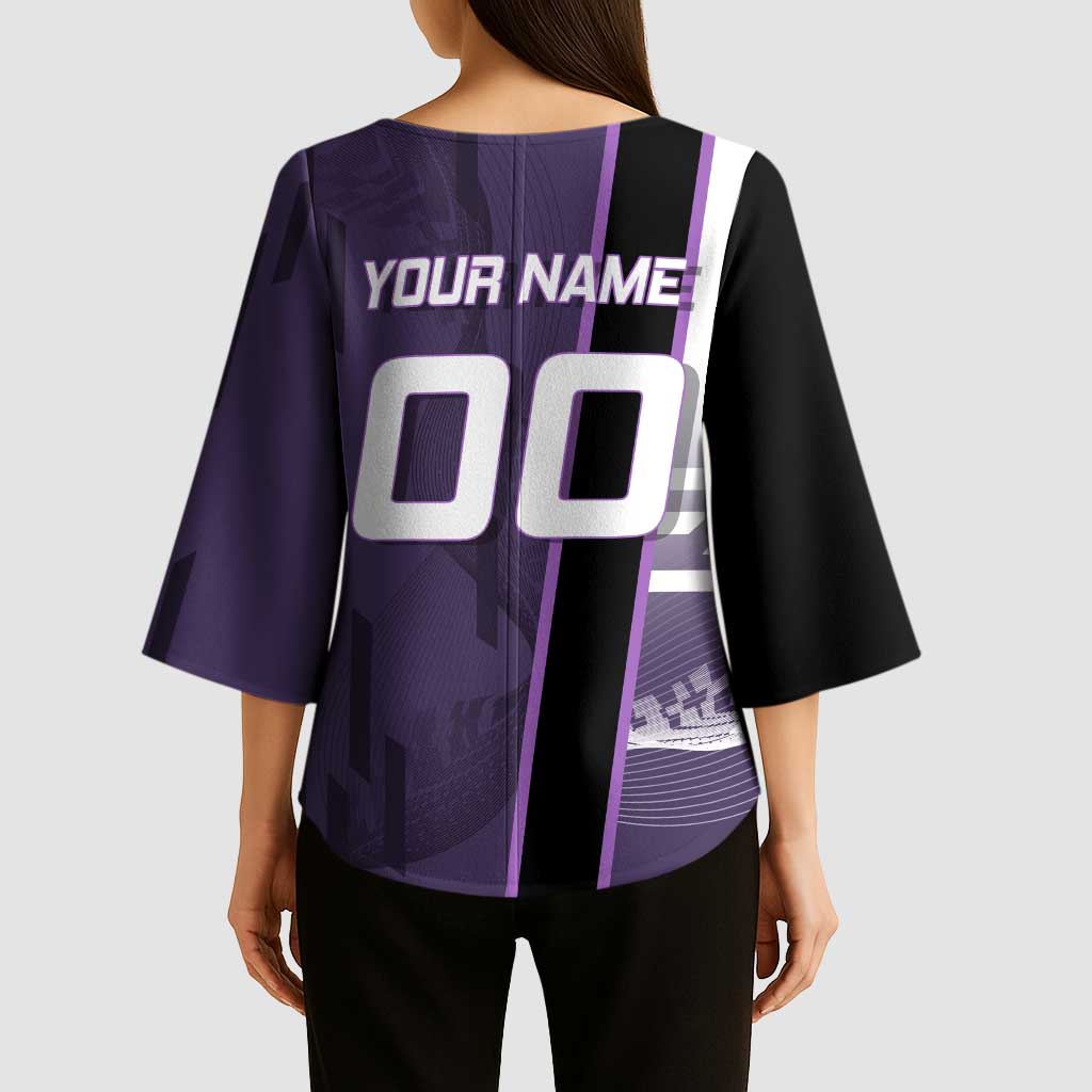 Personalized Shinazugawa Genya Demon Slayer Badminton Kimono Sleeve Blouse with Racket Action Pose and Purple White Graphic Design - The Mazicc