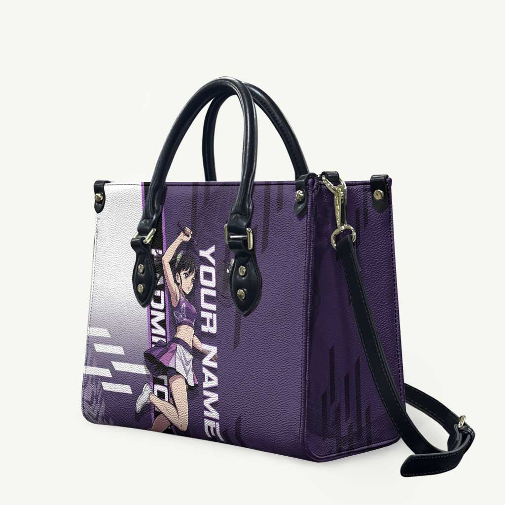 Personalized Shinazugawa Genya Demon Slayer Badminton Leather Bag with Racket Action Pose and Purple White Graphic Design - The Mazicc