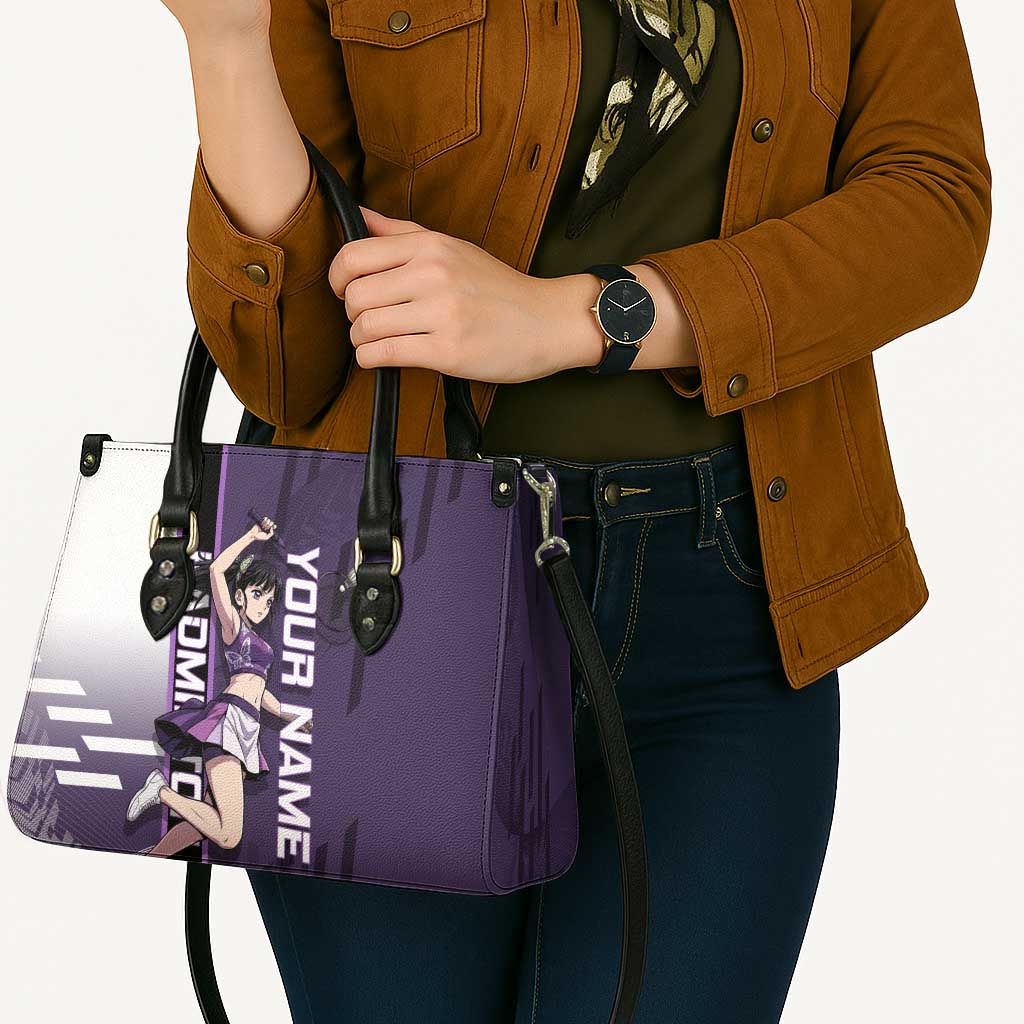 Personalized Shinazugawa Genya Demon Slayer Badminton Leather Bag with Racket Action Pose and Purple White Graphic Design - The Mazicc