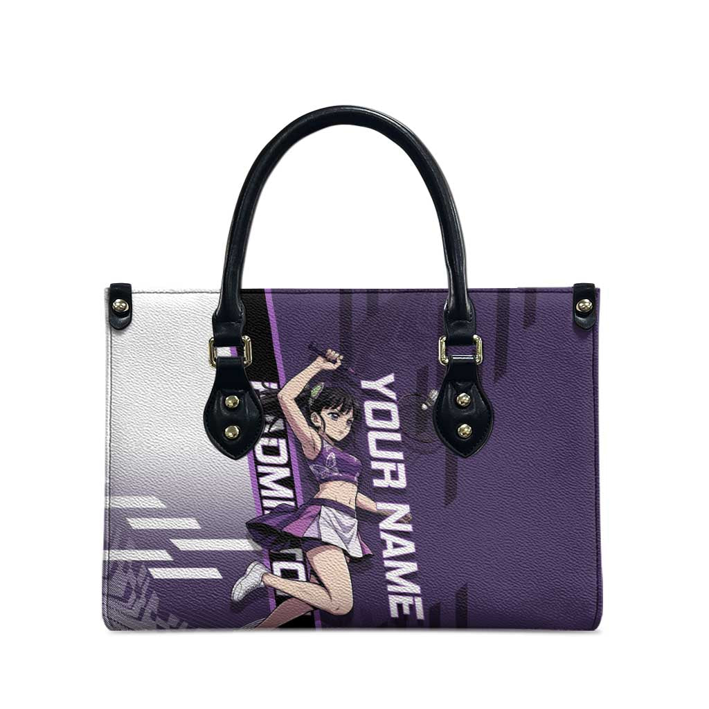 Personalized Shinazugawa Genya Demon Slayer Badminton Leather Bag with Racket Action Pose and Purple White Graphic Design - The Mazicc