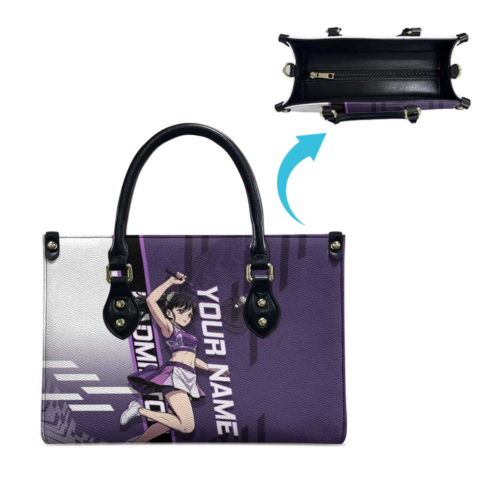 Personalized Shinazugawa Genya Demon Slayer Badminton Leather Bag with Racket Action Pose and Purple White Graphic Design - The Mazicc