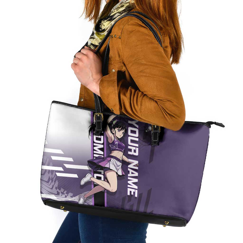 Personalized Shinazugawa Genya Demon Slayer Badminton Leather Tote Bag with Racket Action Pose and Purple White Graphic Design - The Mazicc