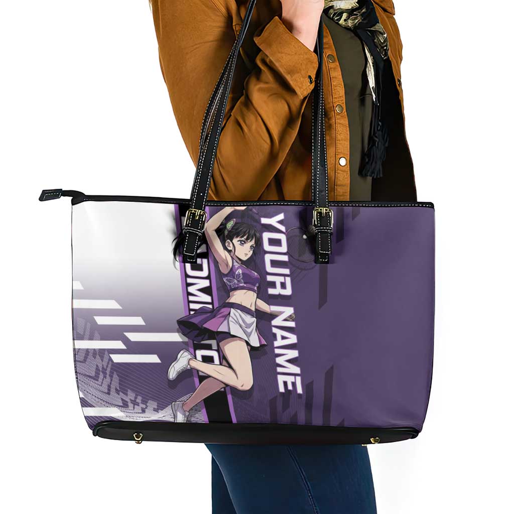Personalized Shinazugawa Genya Demon Slayer Badminton Leather Tote Bag with Racket Action Pose and Purple White Graphic Design - The Mazicc