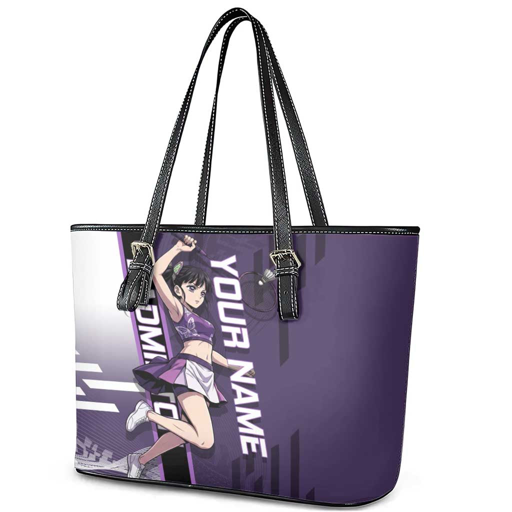 Personalized Shinazugawa Genya Demon Slayer Badminton Leather Tote Bag with Racket Action Pose and Purple White Graphic Design - The Mazicc