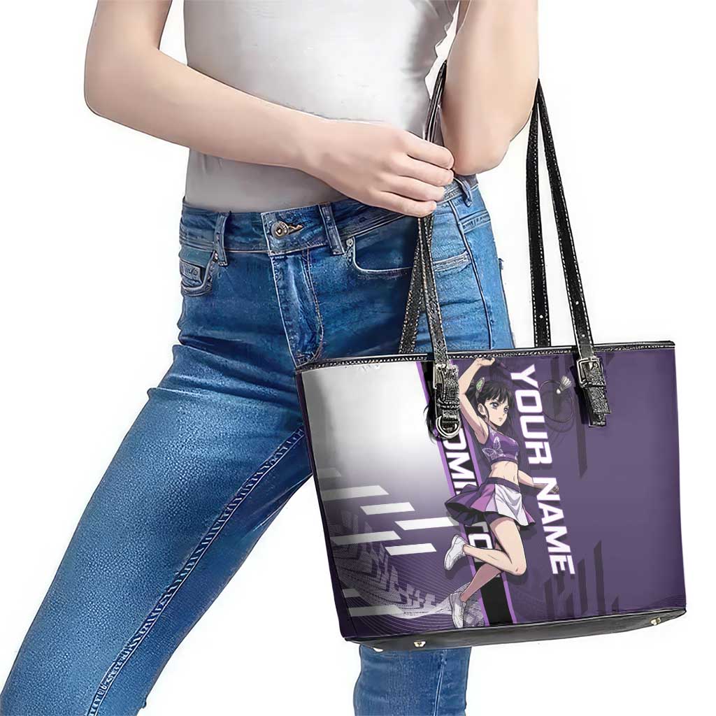 Personalized Shinazugawa Genya Demon Slayer Badminton Leather Tote Bag with Racket Action Pose and Purple White Graphic Design - The Mazicc