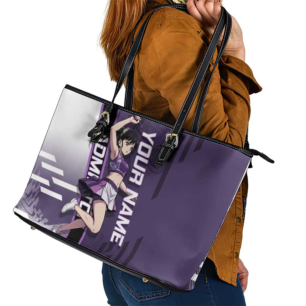 Personalized Shinazugawa Genya Demon Slayer Badminton Leather Tote Bag with Racket Action Pose and Purple White Graphic Design - The Mazicc