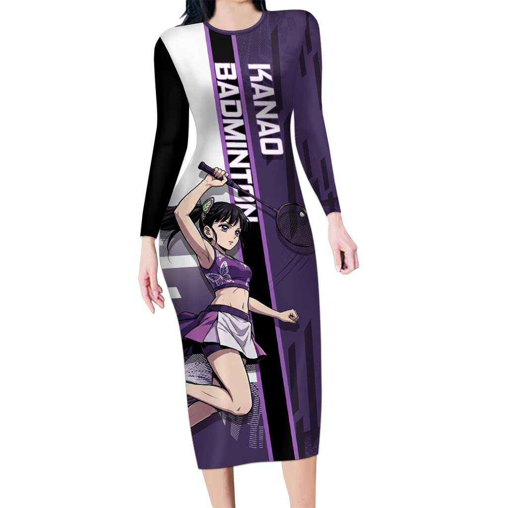 Personalized Shinazugawa Genya Demon Slayer Badminton Long Sleeve Bodycon Dress with Racket Action Pose and Purple White Graphic Design - The Mazicc
