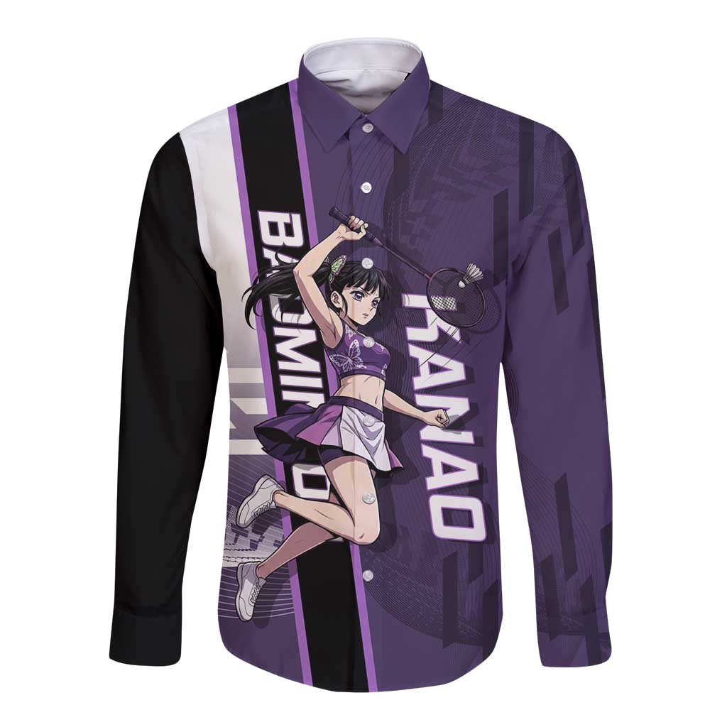 Personalized Shinazugawa Genya Demon Slayer Badminton Long Sleeve Button Shirt with Racket Action Pose and Purple White Graphic Design - The Mazicc