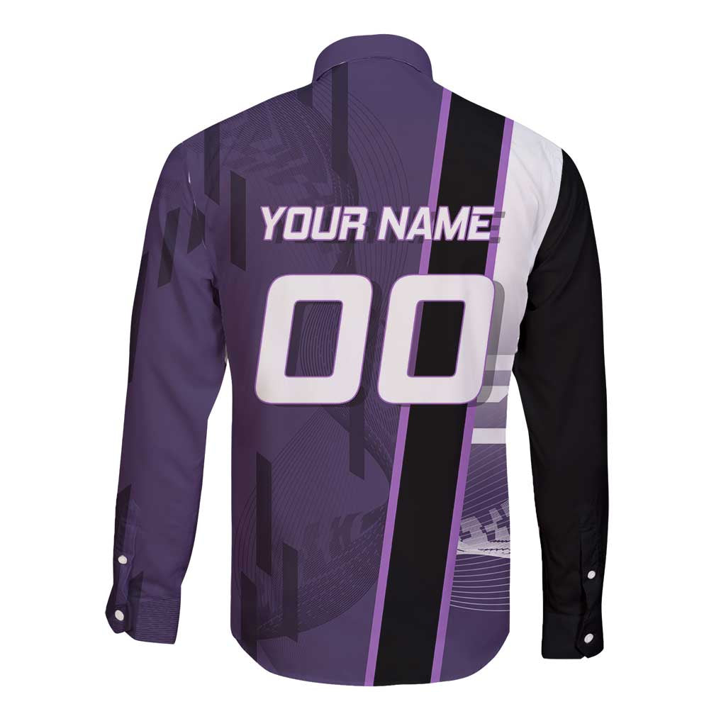 Personalized Shinazugawa Genya Demon Slayer Badminton Long Sleeve Button Shirt with Racket Action Pose and Purple White Graphic Design - The Mazicc