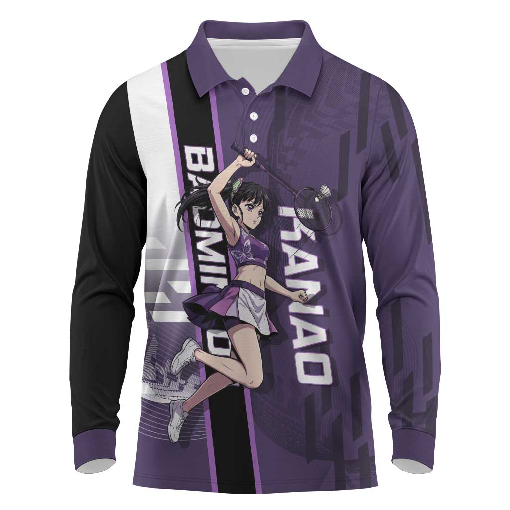 Personalized Shinazugawa Genya Demon Slayer Badminton Long Sleeve Polo Shirt with Racket Action Pose and Purple White Graphic Design - The Mazicc