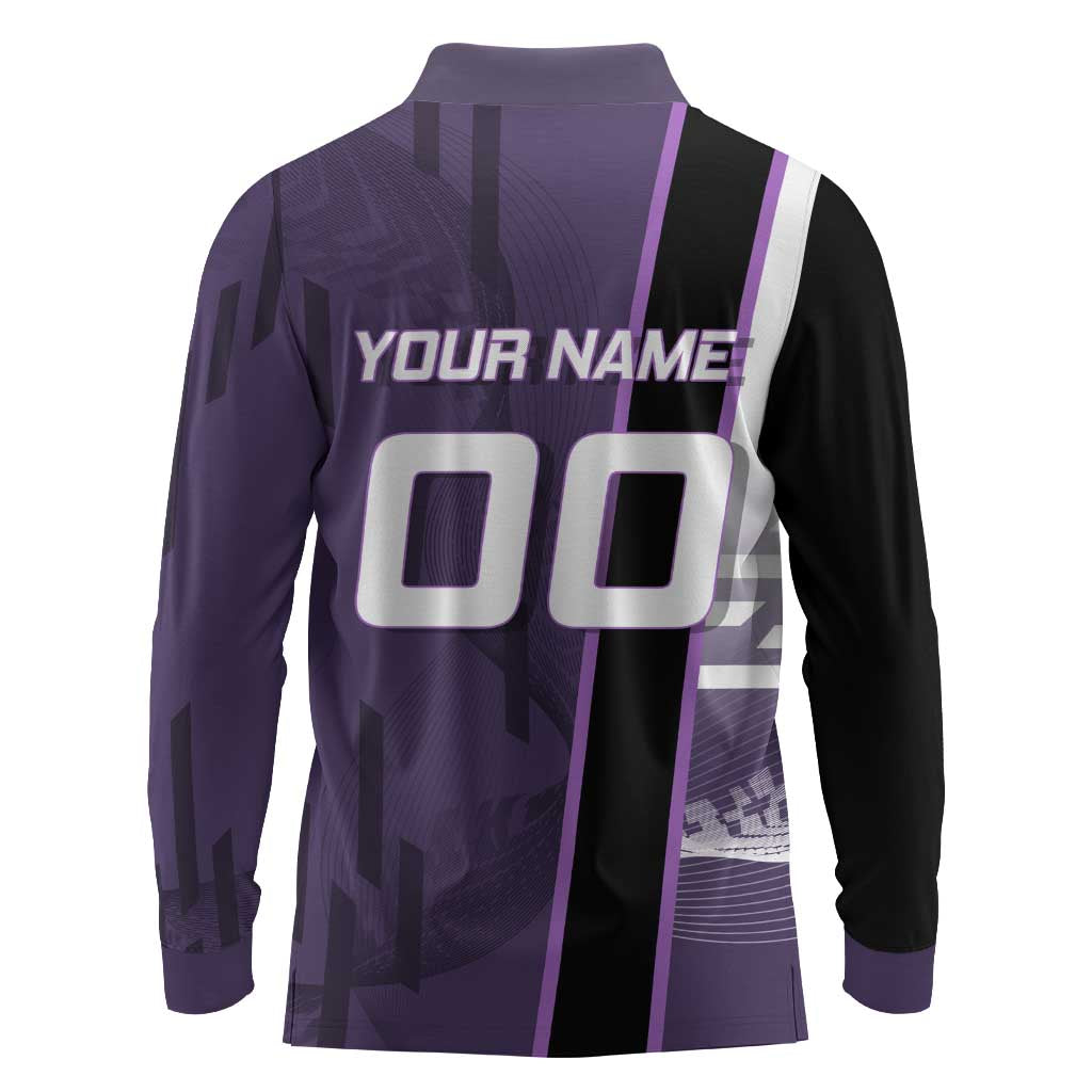 Personalized Shinazugawa Genya Demon Slayer Badminton Long Sleeve Polo Shirt with Racket Action Pose and Purple White Graphic Design - The Mazicc