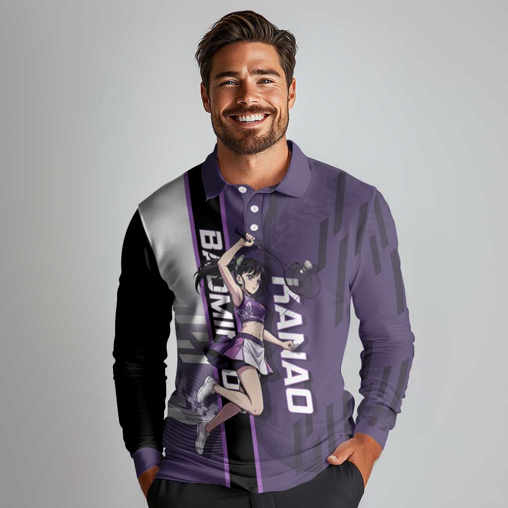 Personalized Shinazugawa Genya Demon Slayer Badminton Long Sleeve Polo Shirt with Racket Action Pose and Purple White Graphic Design - The Mazicc