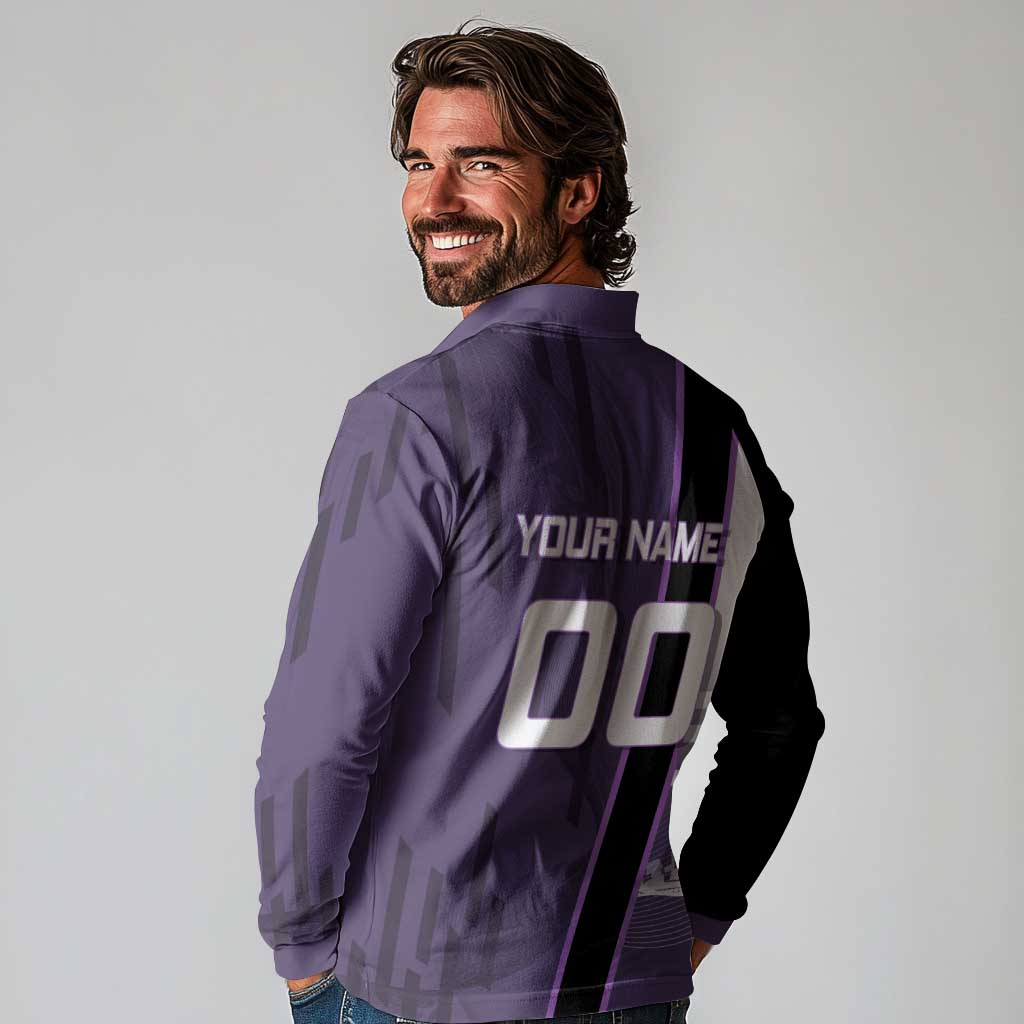 Personalized Shinazugawa Genya Demon Slayer Badminton Long Sleeve Polo Shirt with Racket Action Pose and Purple White Graphic Design - The Mazicc