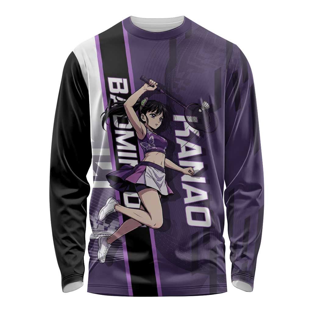 Personalized Shinazugawa Genya Demon Slayer Badminton Long Sleeve Shirt with Racket Action Pose and Purple White Graphic Design - The Mazicc