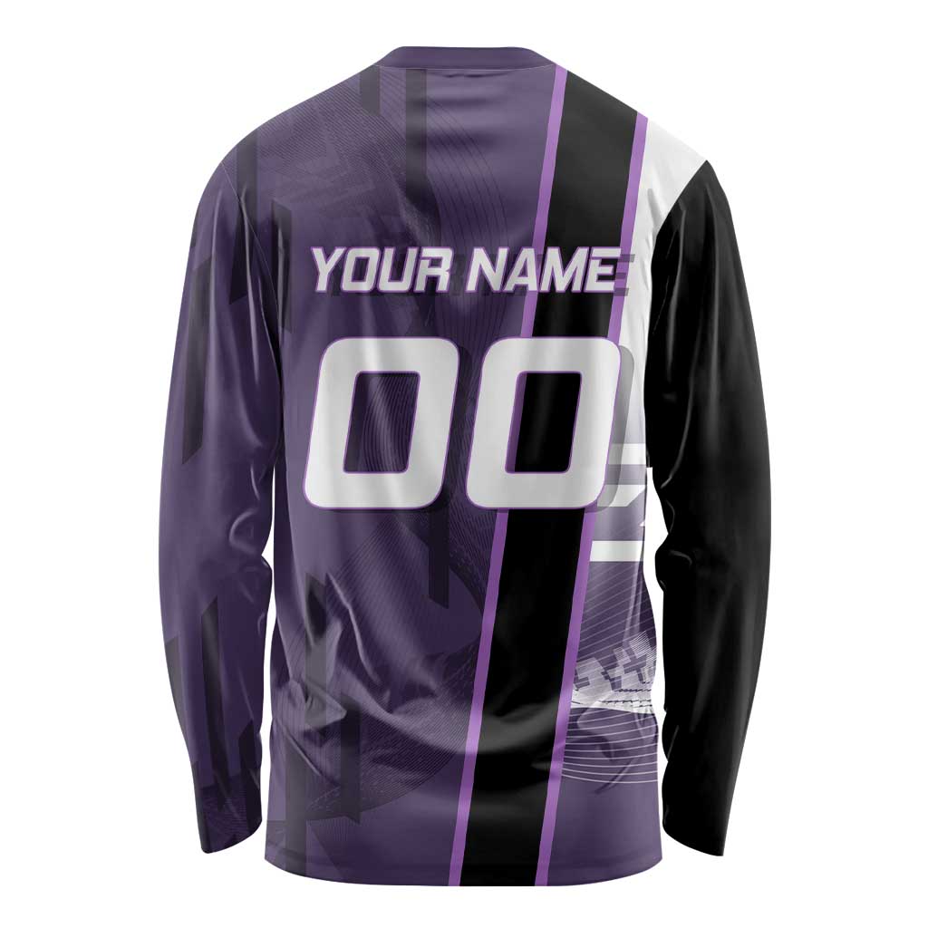 Personalized Shinazugawa Genya Demon Slayer Badminton Long Sleeve Shirt with Racket Action Pose and Purple White Graphic Design - The Mazicc