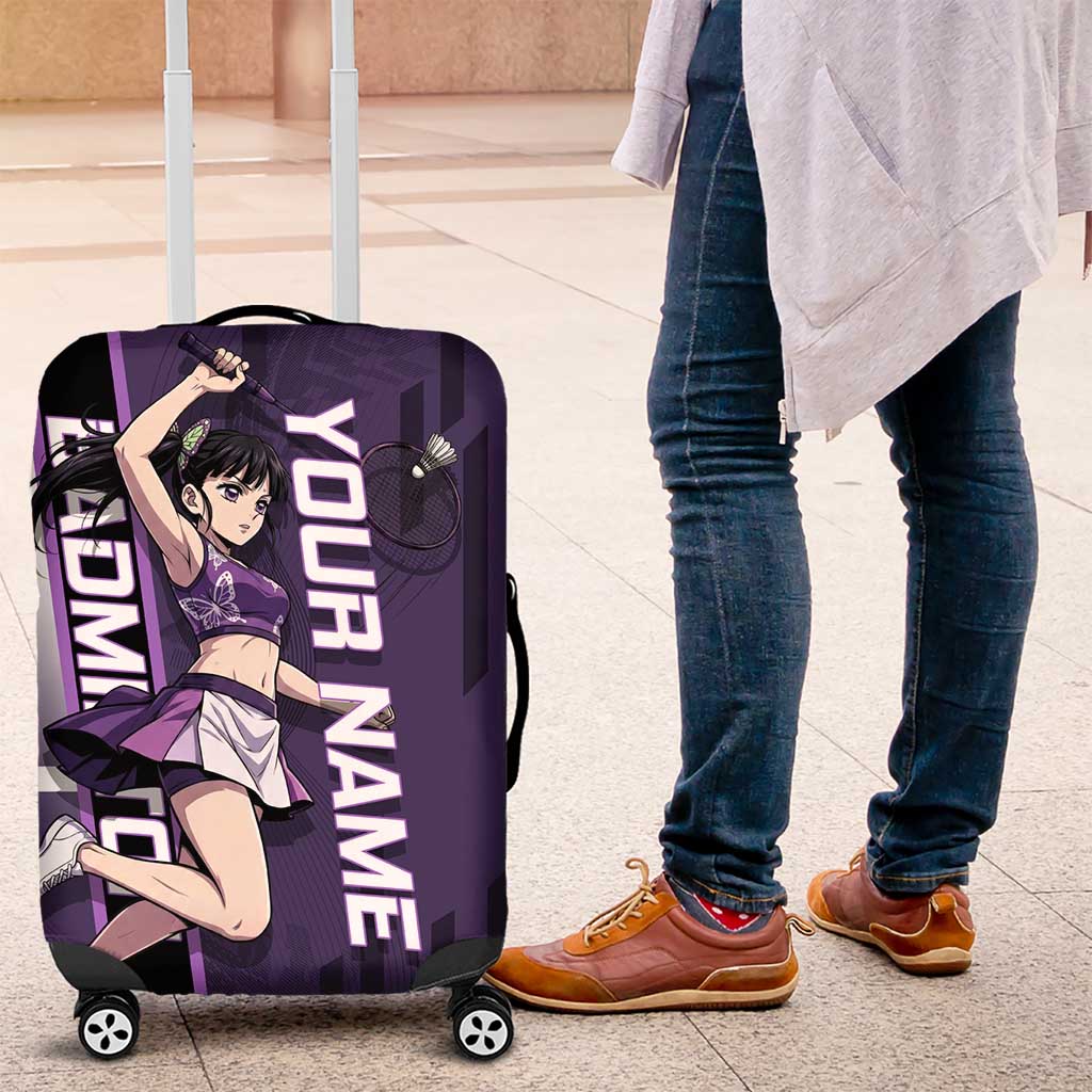 Personalized Shinazugawa Genya Demon Slayer Badminton Luggage Cover with Racket Action Pose and Purple White Graphic Design - The Mazicc