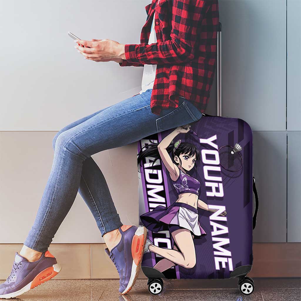 Personalized Shinazugawa Genya Demon Slayer Badminton Luggage Cover with Racket Action Pose and Purple White Graphic Design - The Mazicc