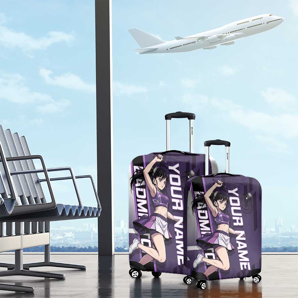 Personalized Shinazugawa Genya Demon Slayer Badminton Luggage Cover with Racket Action Pose and Purple White Graphic Design - The Mazicc