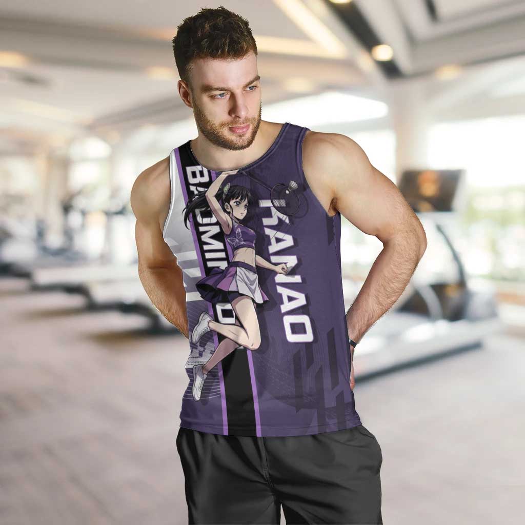 Personalized Shinazugawa Genya Demon Slayer Badminton Men Tank Top with Racket Action Pose and Purple White Graphic Design - The Mazicc