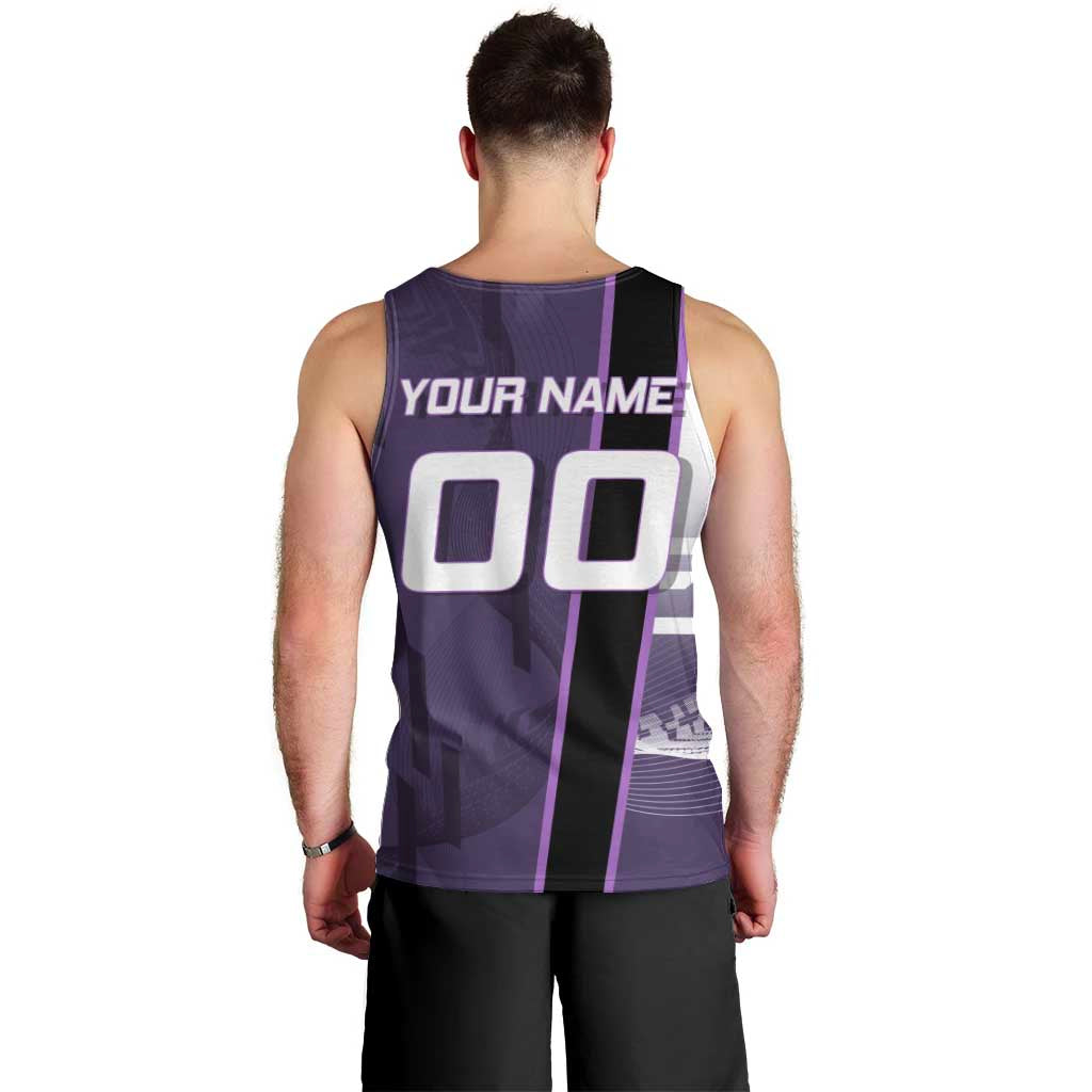 Personalized Shinazugawa Genya Demon Slayer Badminton Men Tank Top with Racket Action Pose and Purple White Graphic Design - The Mazicc