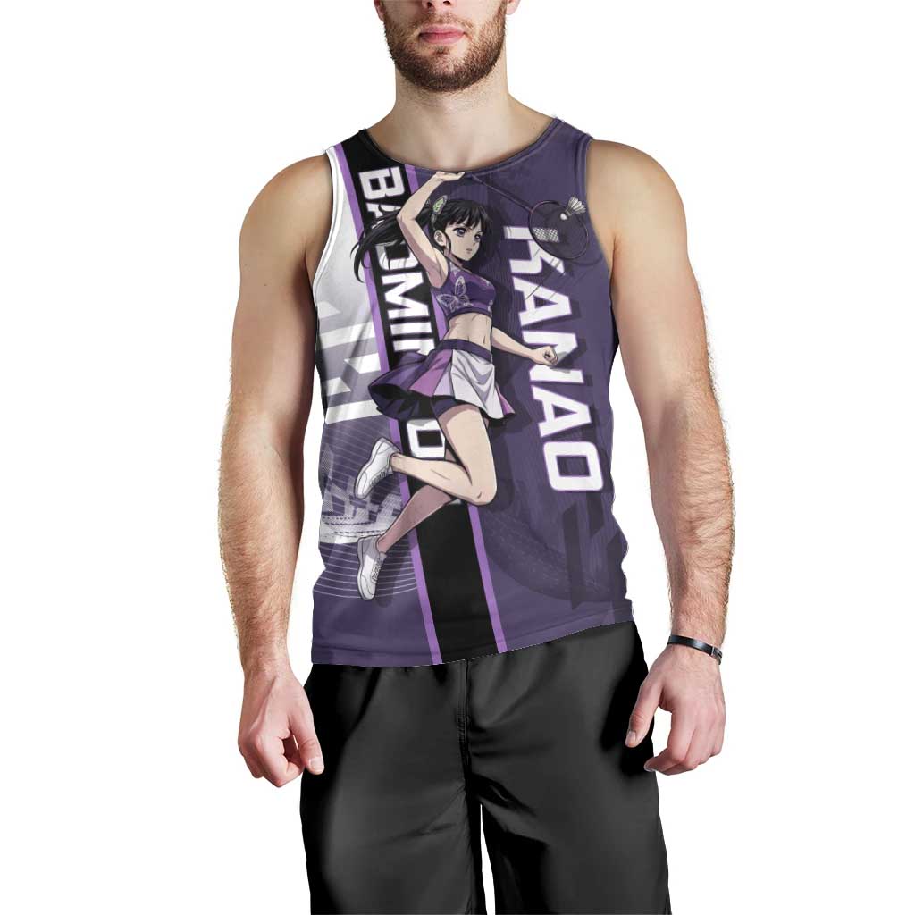Personalized Shinazugawa Genya Demon Slayer Badminton Men Tank Top with Racket Action Pose and Purple White Graphic Design - The Mazicc