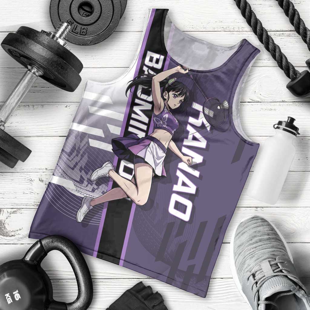 Personalized Shinazugawa Genya Demon Slayer Badminton Men Tank Top with Racket Action Pose and Purple White Graphic Design - The Mazicc