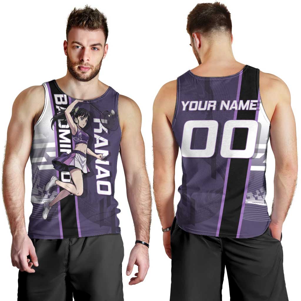Personalized Shinazugawa Genya Demon Slayer Badminton Men Tank Top with Racket Action Pose and Purple White Graphic Design - The Mazicc