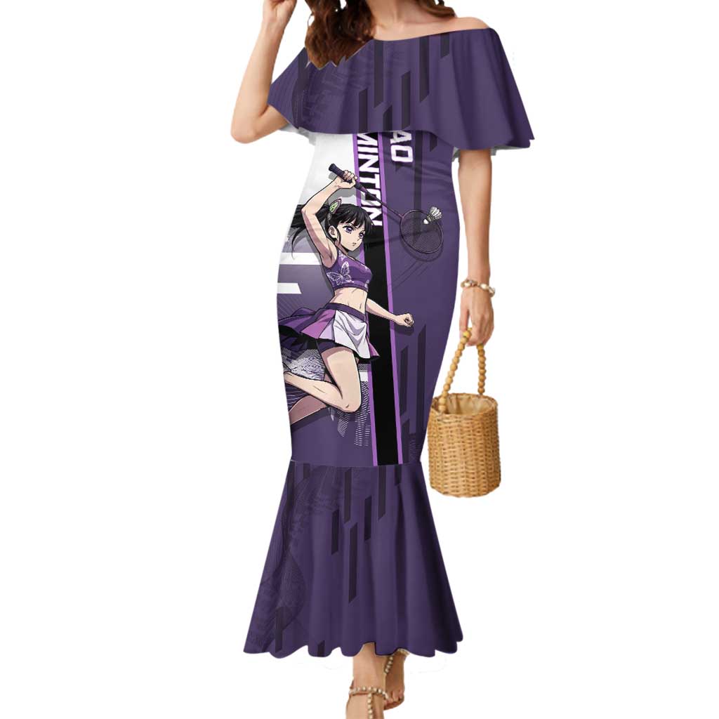 Personalized Shinazugawa Genya Demon Slayer Badminton Mermaid Dress with Racket Action Pose and Purple White Graphic Design - The Mazicc