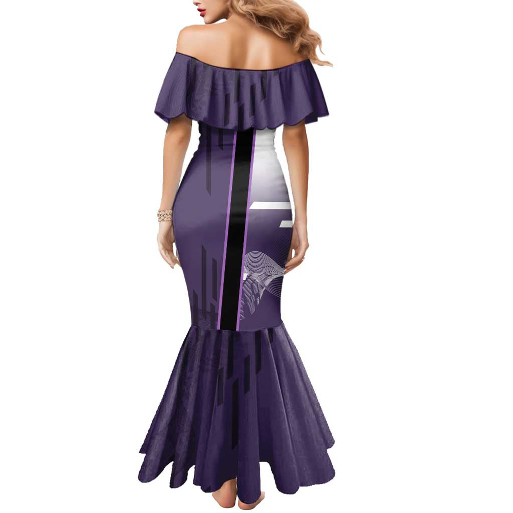 Personalized Shinazugawa Genya Demon Slayer Badminton Mermaid Dress with Racket Action Pose and Purple White Graphic Design - The Mazicc
