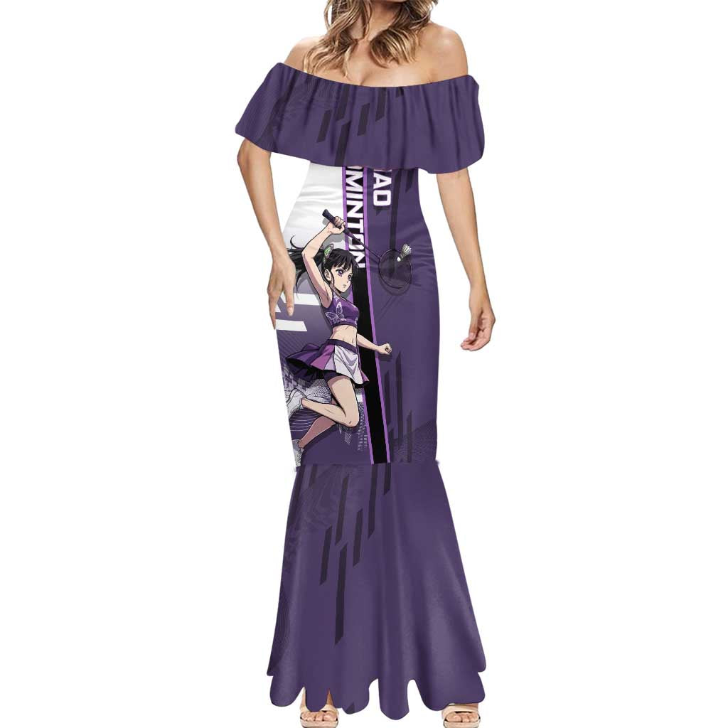 Personalized Shinazugawa Genya Demon Slayer Badminton Mermaid Dress with Racket Action Pose and Purple White Graphic Design - The Mazicc
