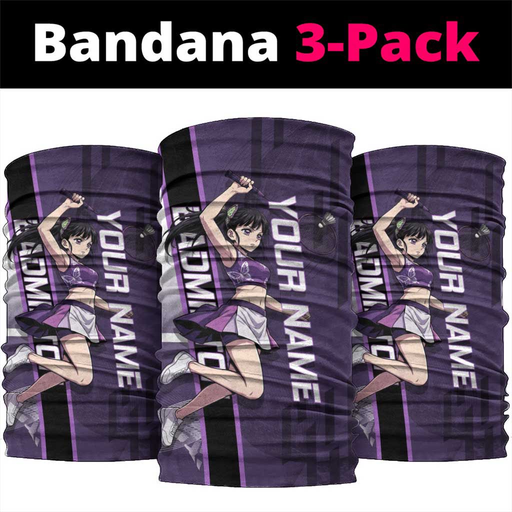 Personalized Shinazugawa Genya Demon Slayer Badminton Neck Gaiter with Racket Action Pose and Purple White Graphic Design - The Mazicc