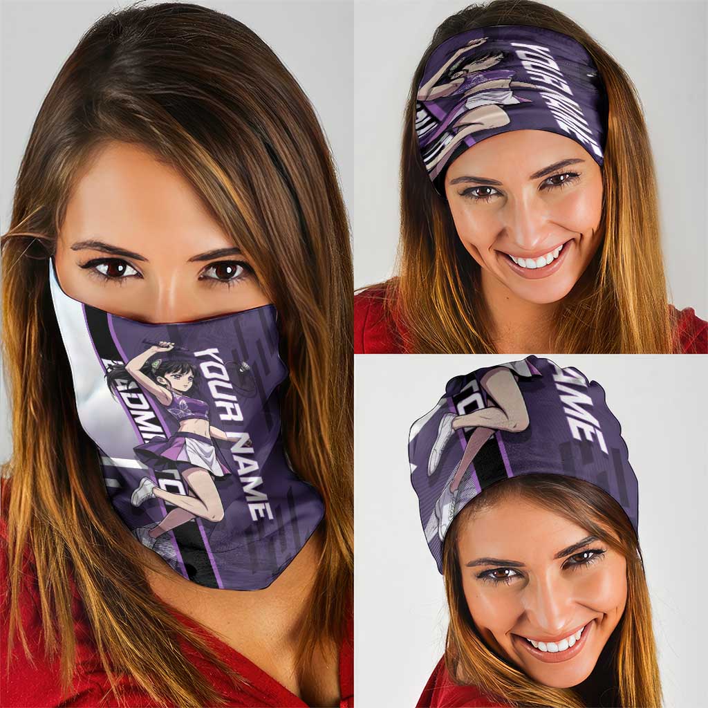 Personalized Shinazugawa Genya Demon Slayer Badminton Neck Gaiter with Racket Action Pose and Purple White Graphic Design - The Mazicc